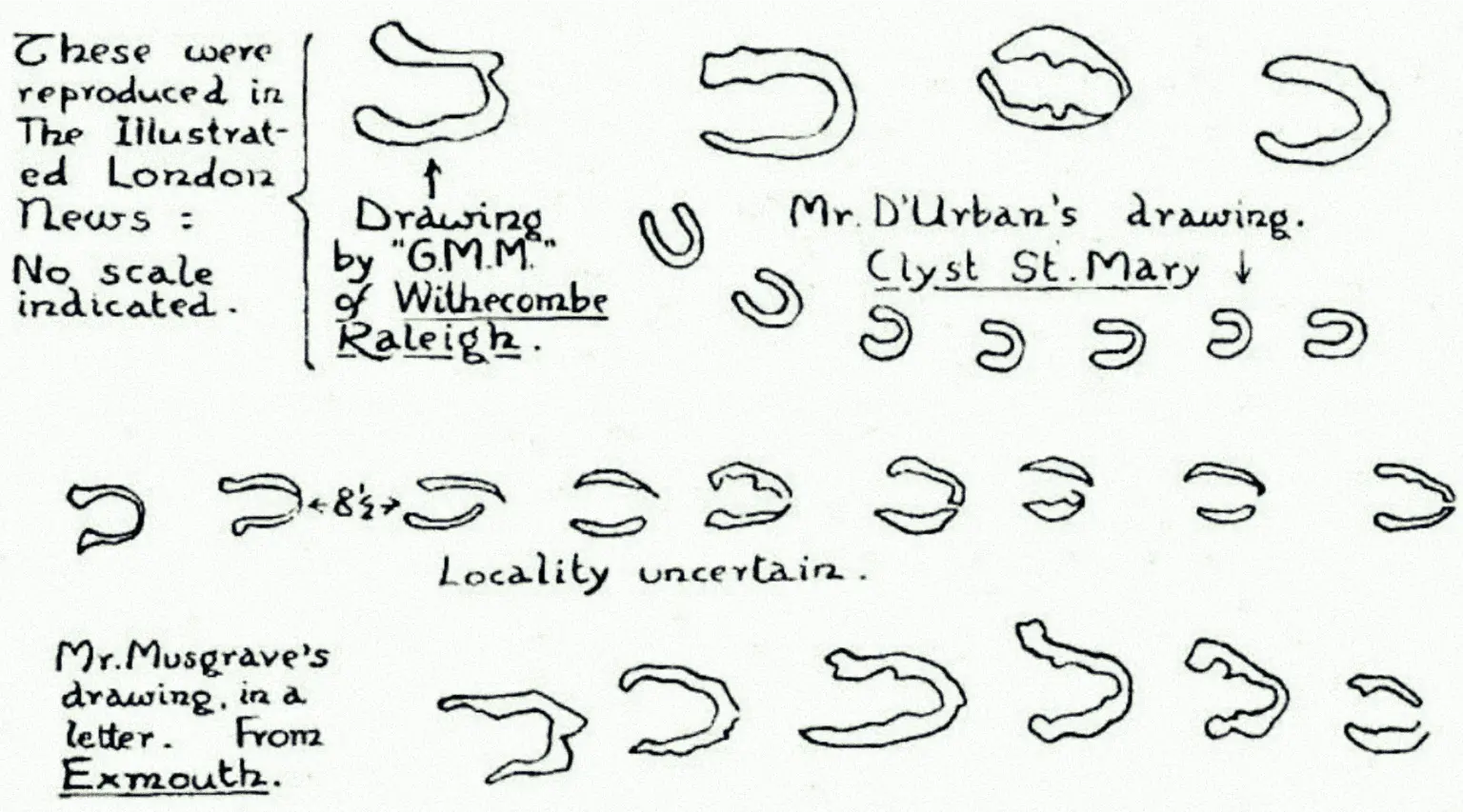 Drawings from the Illustrated London News comparing the devil's footprints