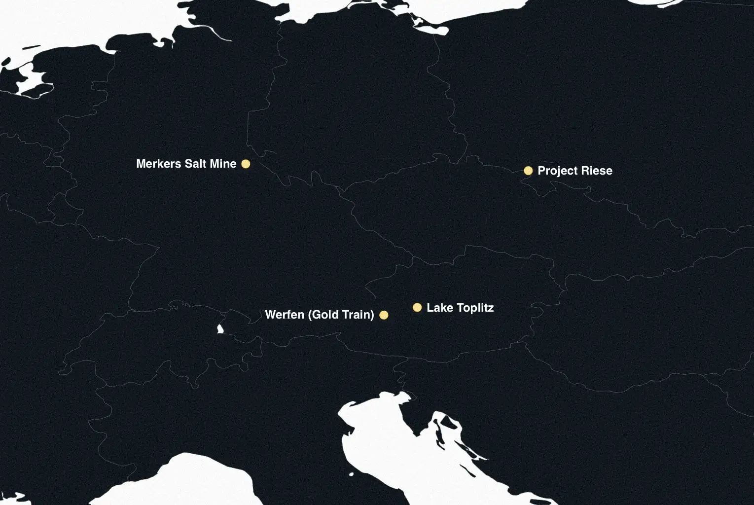 Map showing WWII treasure hunt locations in Central Europe 1945 including Merkers, Toplitz, Project Riese, and Werfen