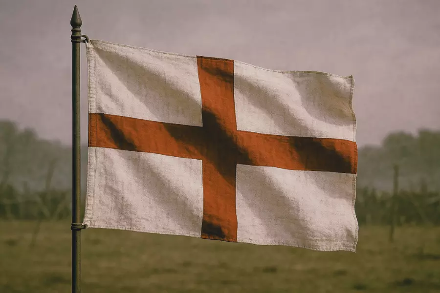 Re-enactment banner of Saint George’s Cross, showing a bold red cross on a white field, stitched onto medieval-style fabric