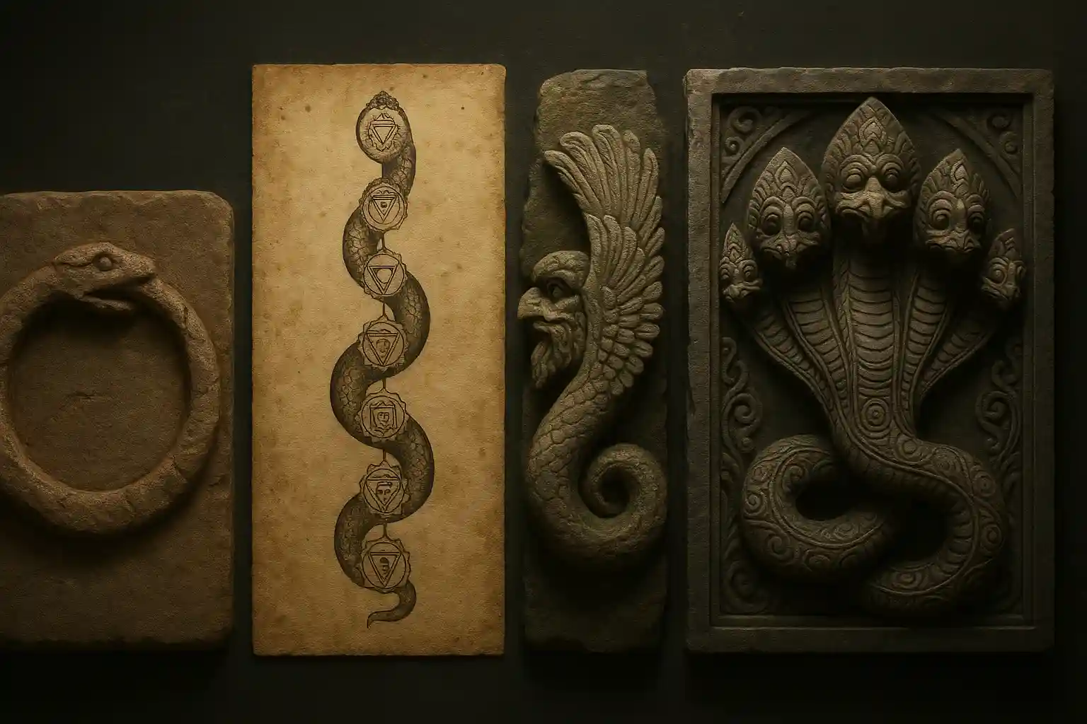 Ancient serpent symbols including Ouroboros, Kundalini, Feathered Serpent, and Naga, carved or illustrated in stone and manuscript styles
