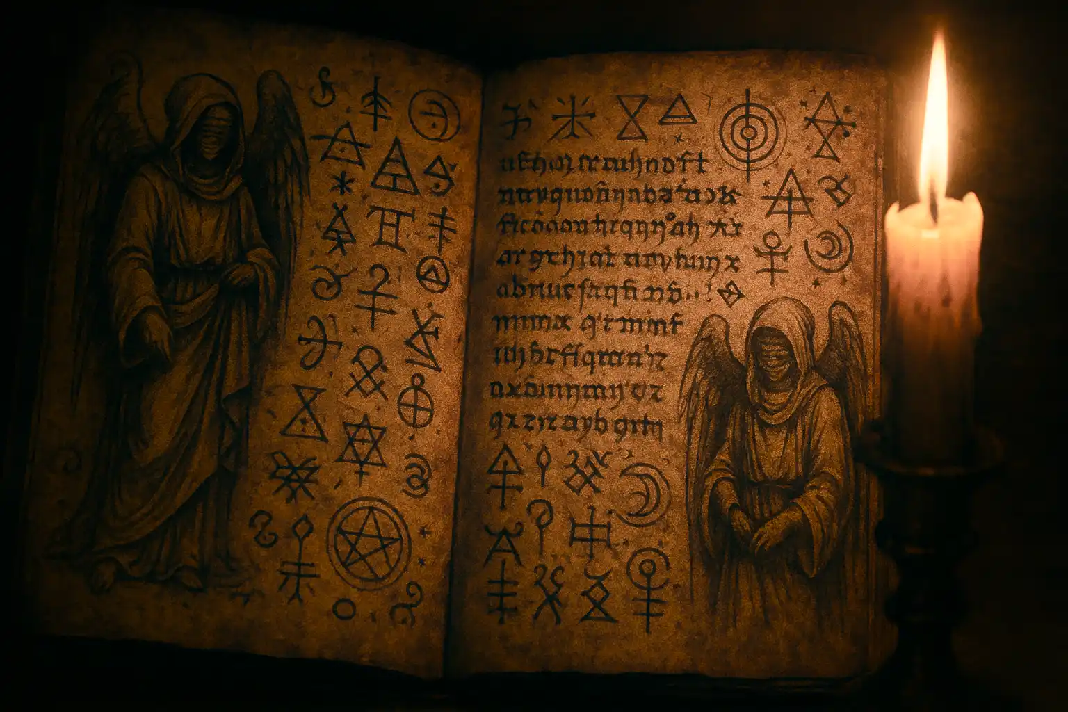 Artistic representation of an ancient manuscript depicting angelic figures and cryptic symbols