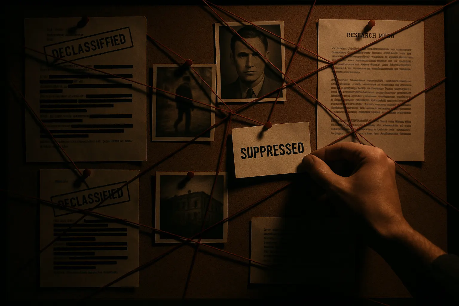 A rendering of a shadowy investigation board connecting suppressed research and classified documents.
