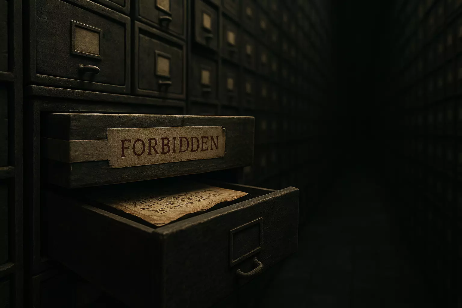 Veriarch Investigations A sealed archive drawer labelled “FORBIDDEN,” slightly open to reveal parchment with arcane symbols, surrounded by dark, endless shelving.