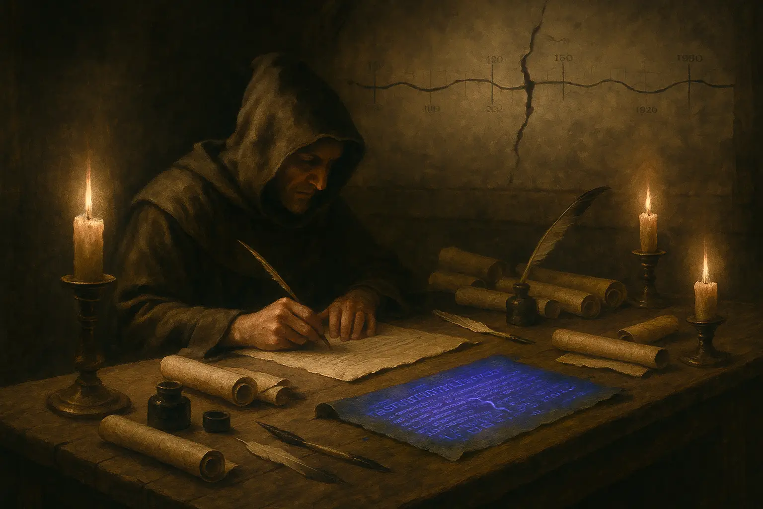A dimly lit medieval scriptorium where a hooded monk forges a manuscript by candlelight.