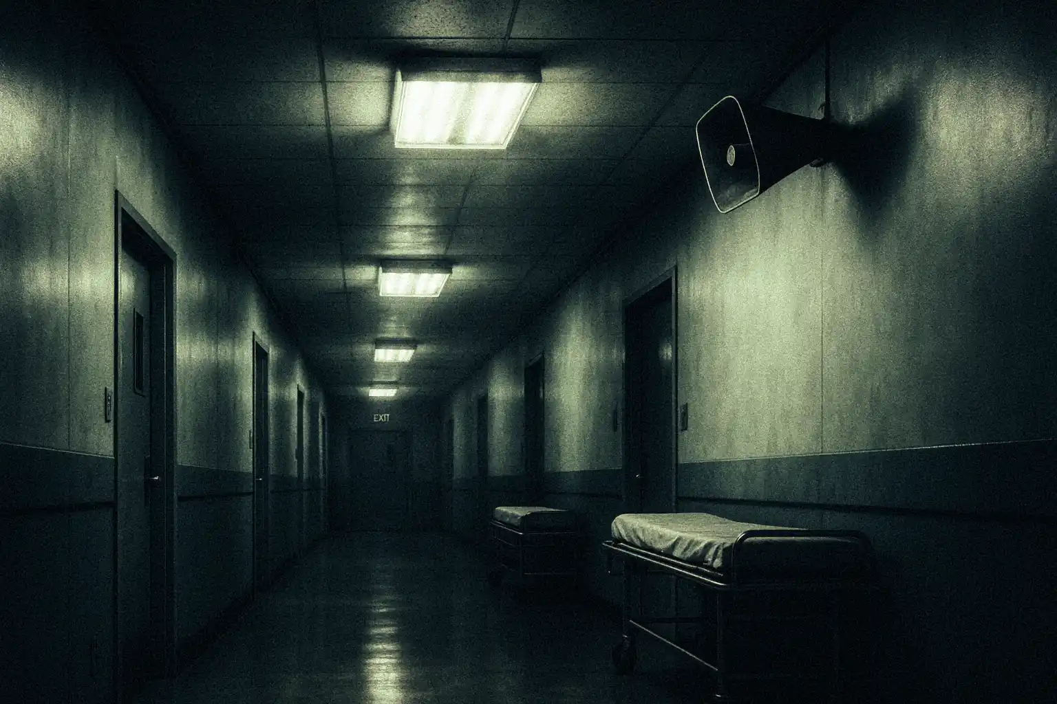A dim hospital corridor from the 1960s with a loudspeaker and ghostly overlays of brain scans and redacted files.