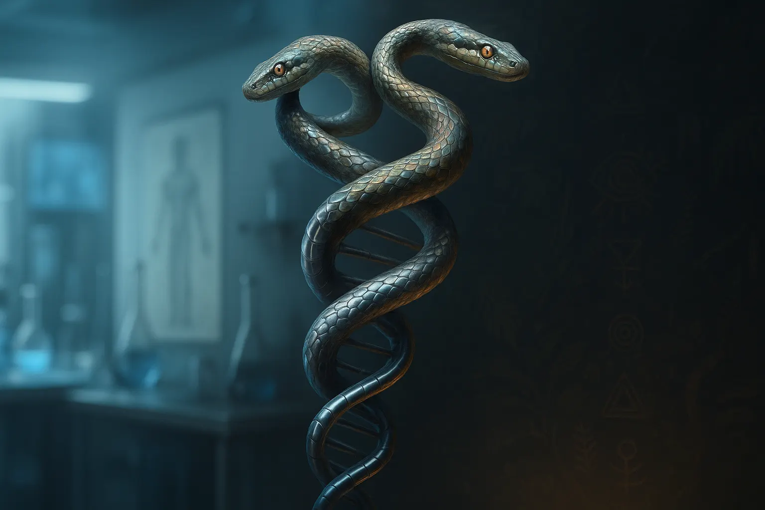 Intertwined serpents forming the shape of a DNA double helix, blending scientific and mystical elements