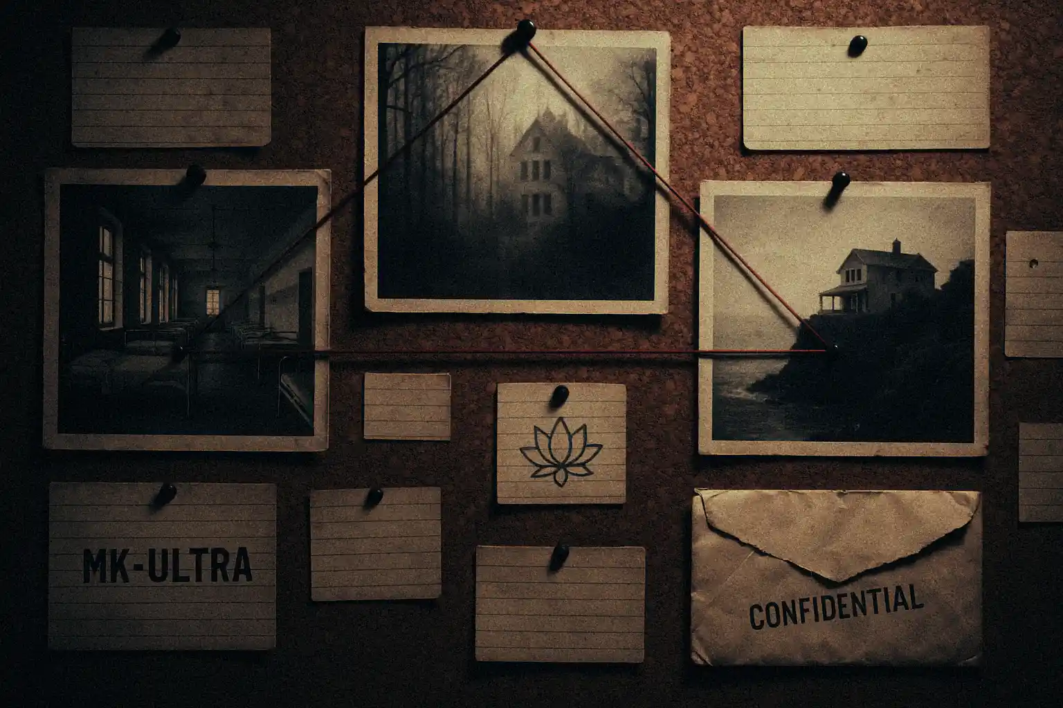A corkboard with pinned photos of spiritual and research locations connected by red string, suggesting covert links.