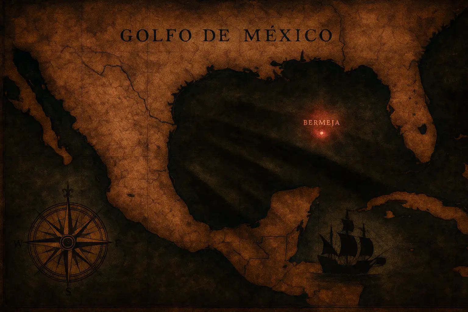 Historical map of the Gulf of Mexico showing the phantom island of Bermeja with its distinctive reddish hue