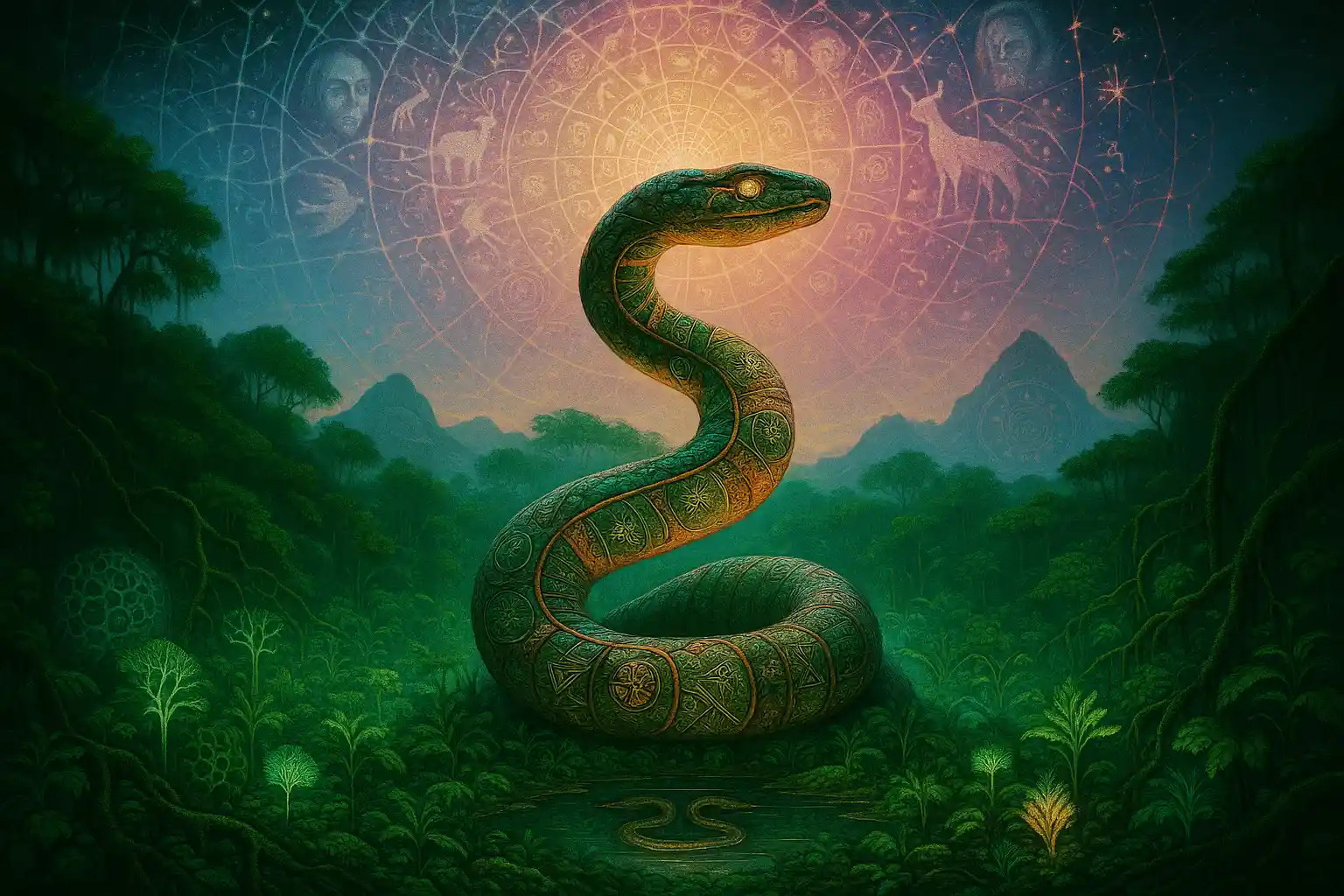 A surreal serpent made of DNA and symbols rises from a rainforest into a glowing field of ancestral memory and cosmic patterns