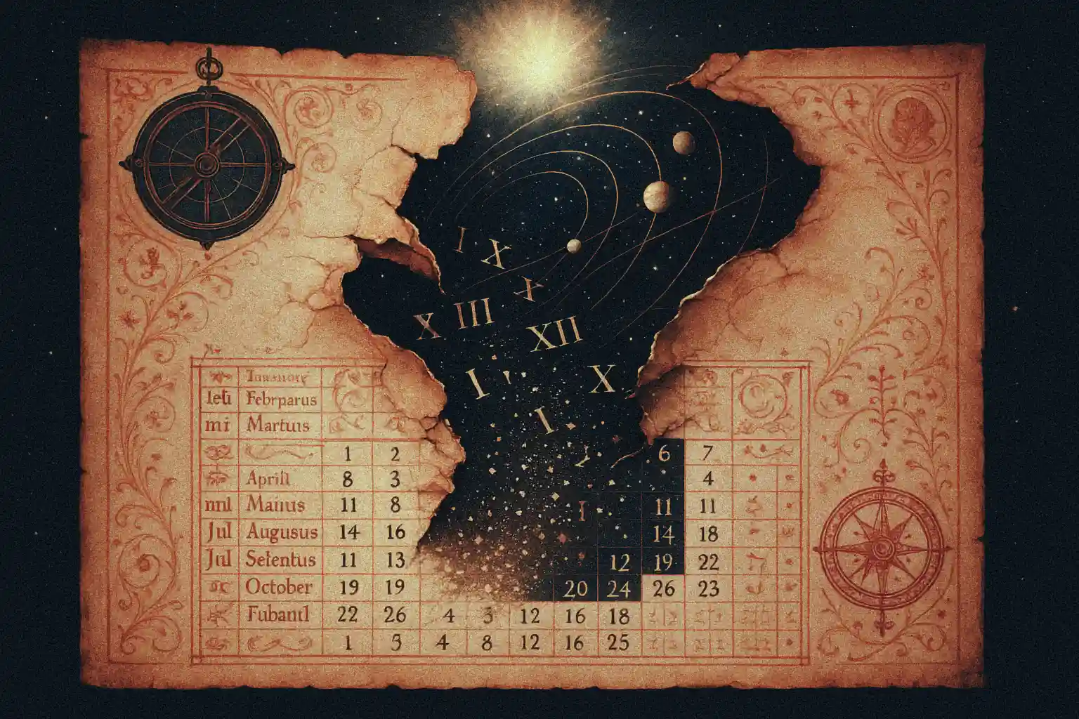 A torn medieval calendar page floats in a cosmic backdrop, revealing stars and modern calendar fragments where centuries are missing.