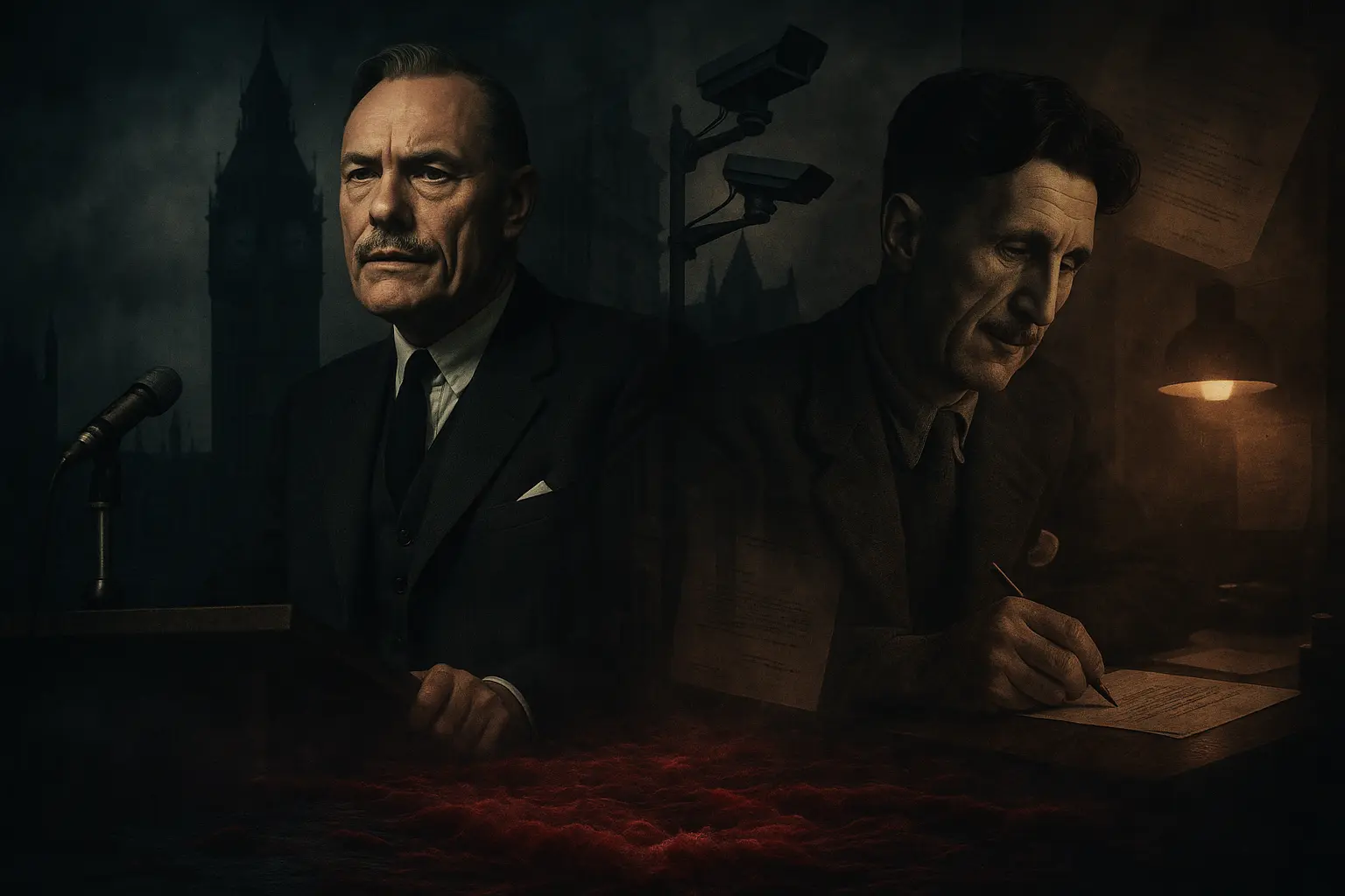 Collage of Enoch Powell and George Orwell against a background of surveillance, British landmarks, and symbolic rivers