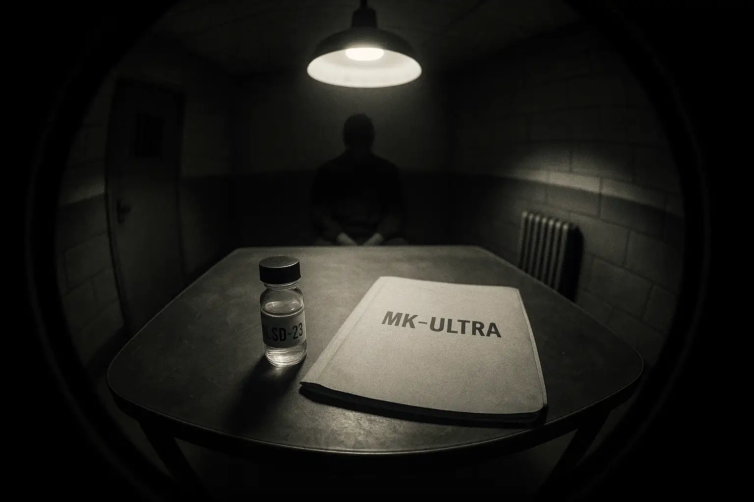 A rendering of an MK-Ultra interrogation room, symbolising covert experiments with psychedelics under government control.