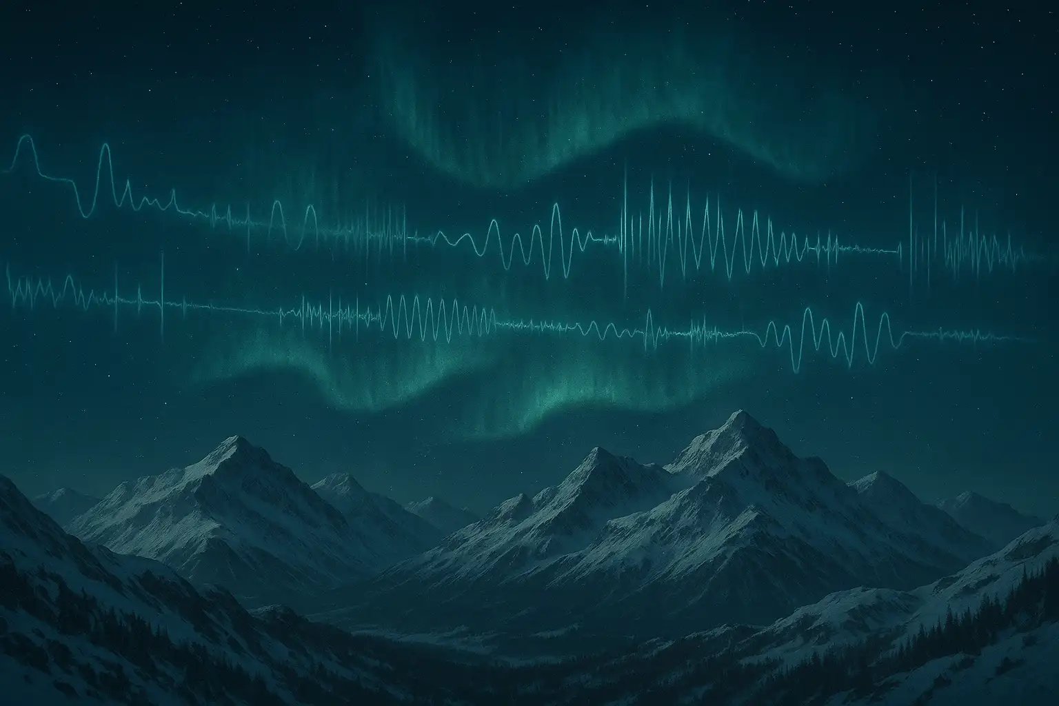 Abstract visual of Dyatlov Pass under radio signal waves.