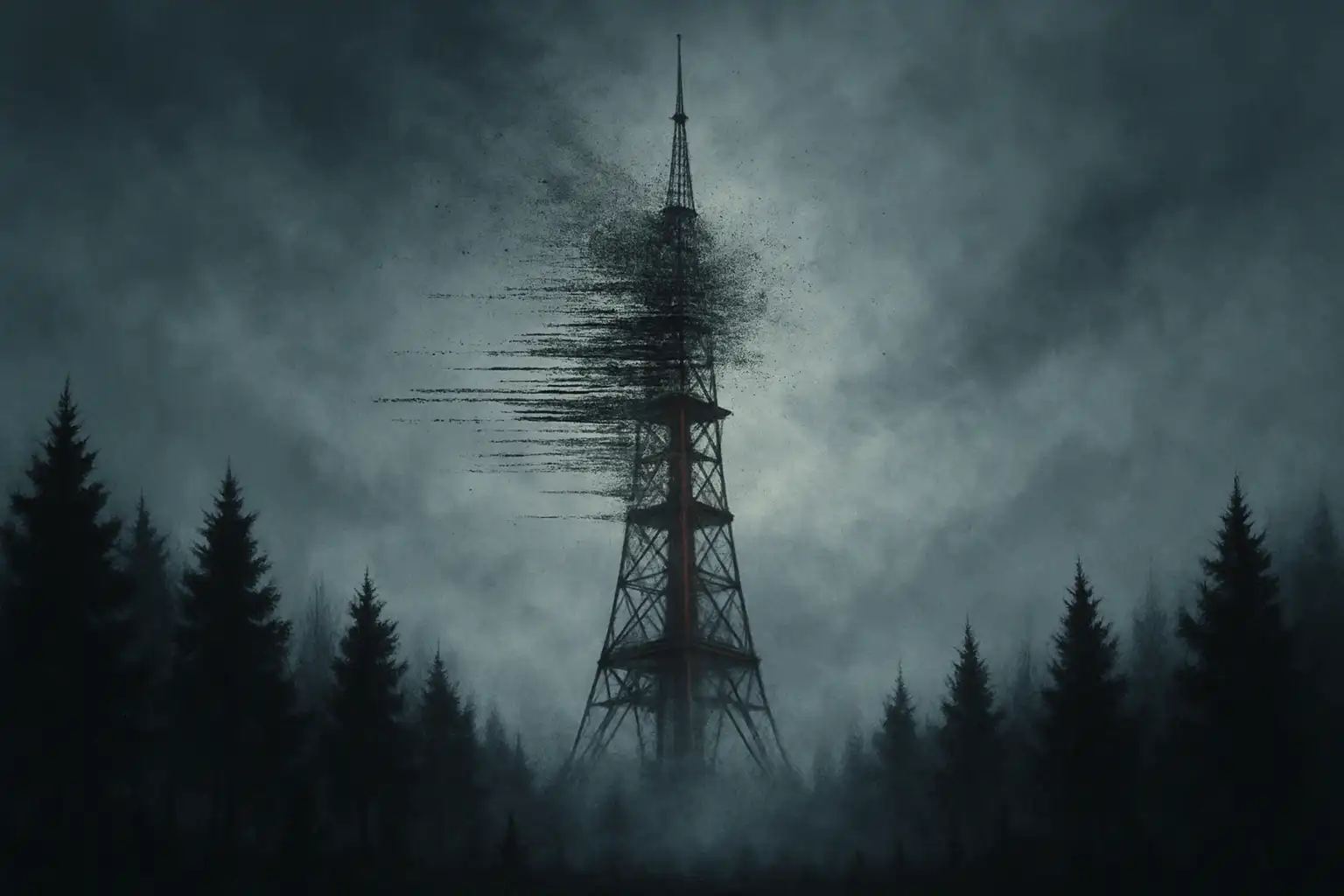 A Soviet-era shortwave radio tower dissolving into static and mist, surrounded by dark pine forest.