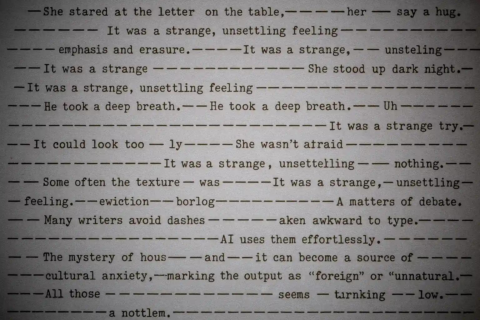 A sheet covered in dense, typewritten lines, each sentence divided by exaggerated em dashes.