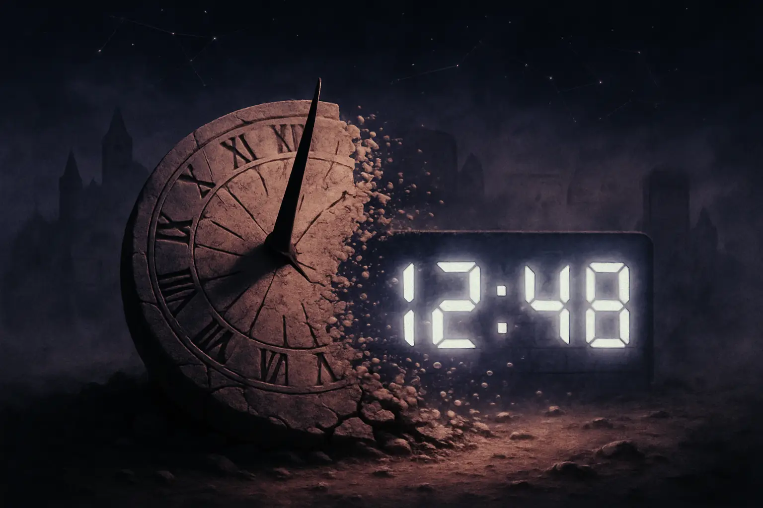 A crumbling stone sundial transitions into a glitching digital clock, surrounded by fading medieval ruins and a subtly misaligned starry sky.