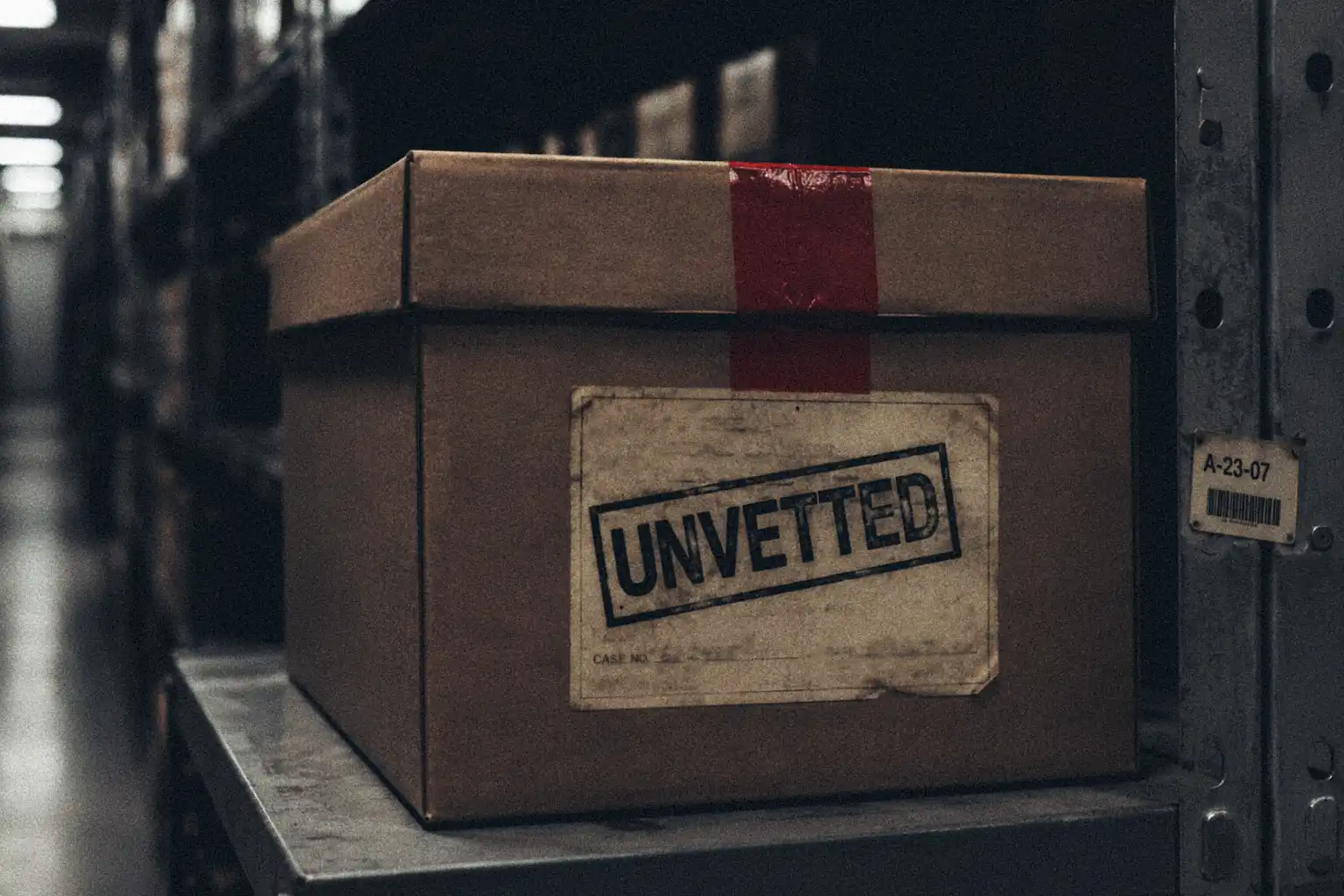 A brown cardboard archival box sealed with red tape and stamped 'UNVETTED' on a metal shelf, representing the frozen file access at the BBC Written Archives Centre in Caversham.