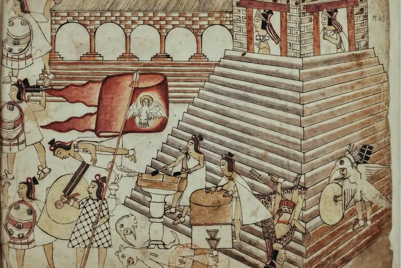 Folio 23 of the Codex Azcatitlan showing Tlatelolca warriors defending the temple after the massacre.