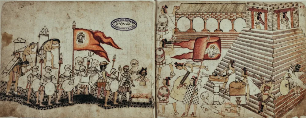 Spread of Codex Azcatitlan Folios 22v and 23r showing the narrative gap between the Spanish Arrival and the Aftermath of Battle.