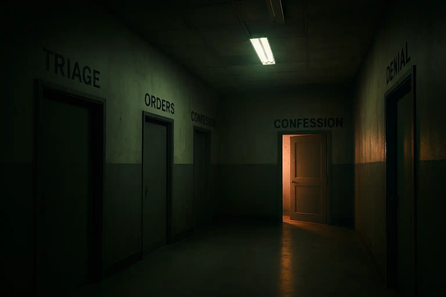 Dim hallway with morally weighted doors