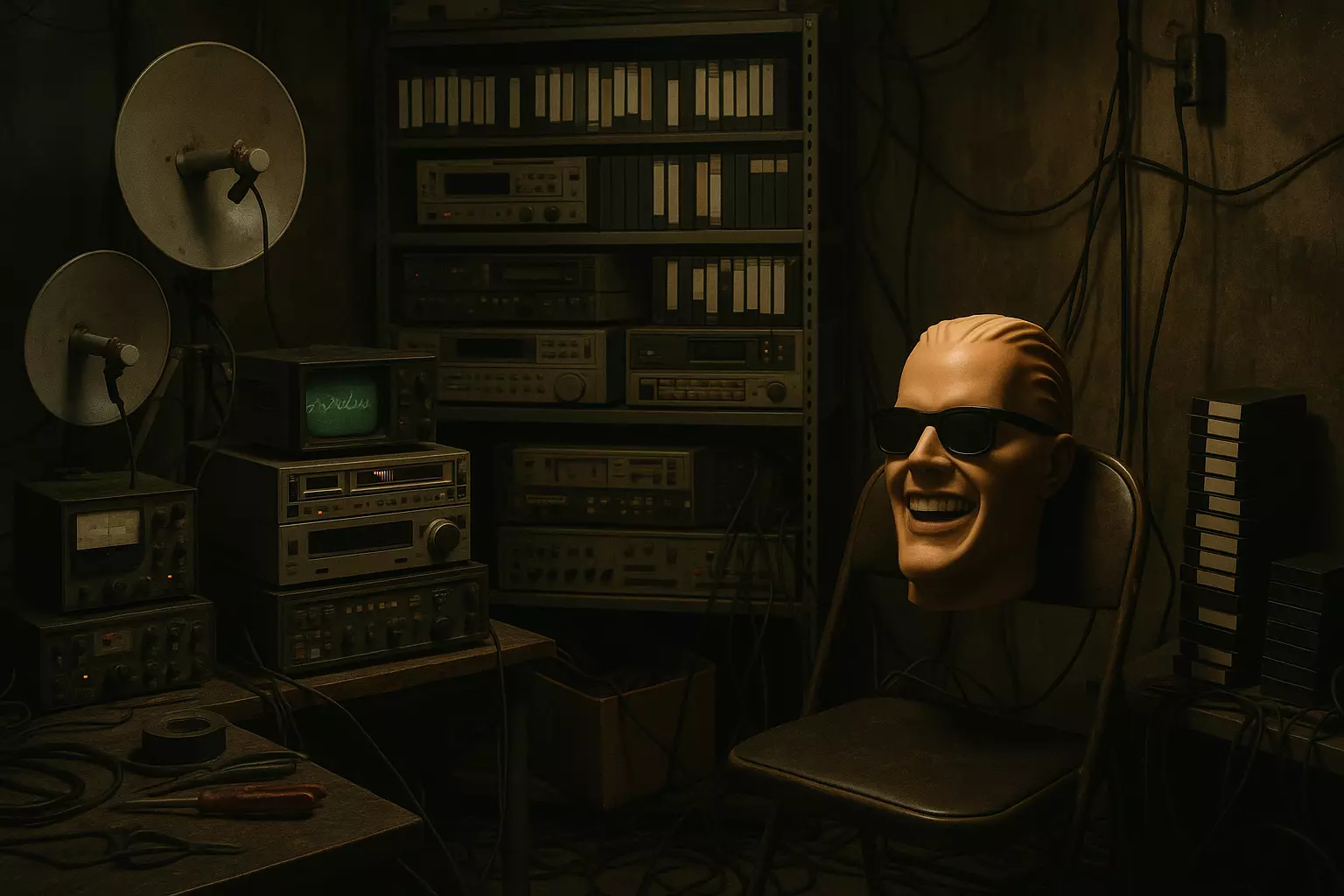 An implied 1980s pirate broadcast setup with analog equipment and a Max Headroom mask.