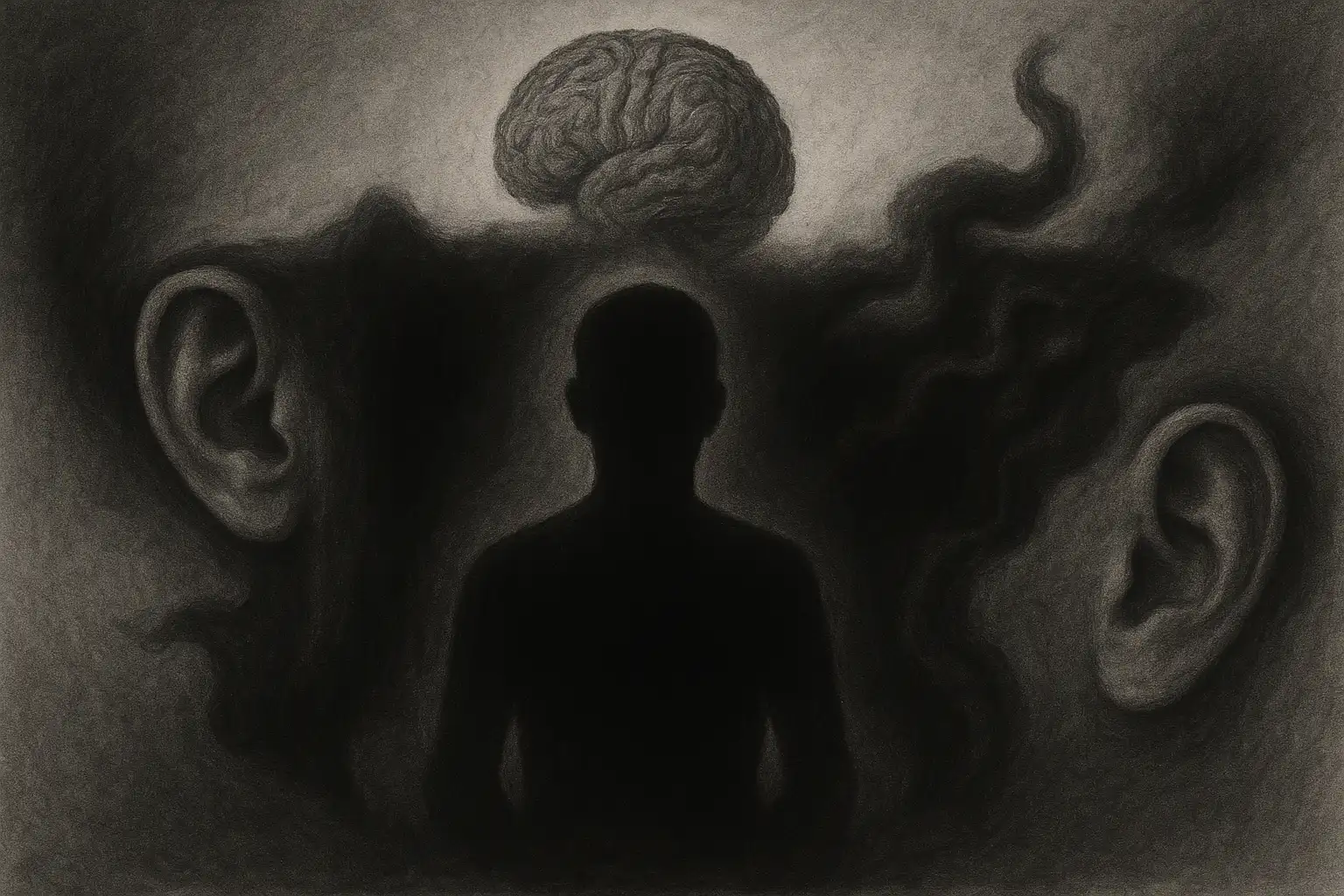 Silhouette in silence, surrounded by symbolic auditory hallucinations