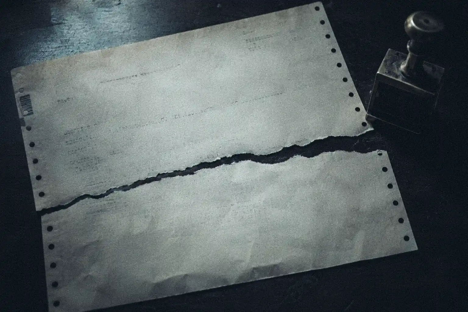 A top-down forensic view of a vintage telex paper torn sharply in half, lying on a dark wooden desk next to a brass date stamp, representing a severed diplomatic timeline.