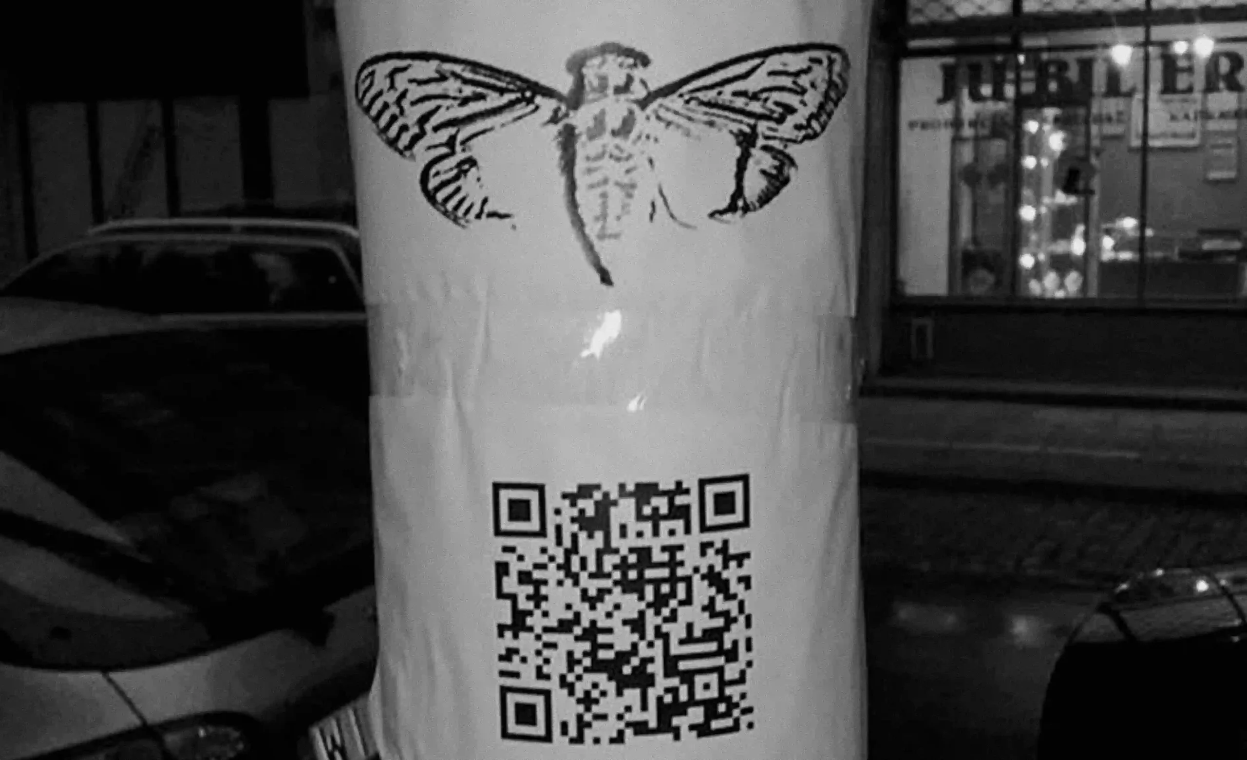 One of the physical Cicada 3301 posters, showing the cicada logo and a large QR code, found attached to a lamp post in Warsaw.