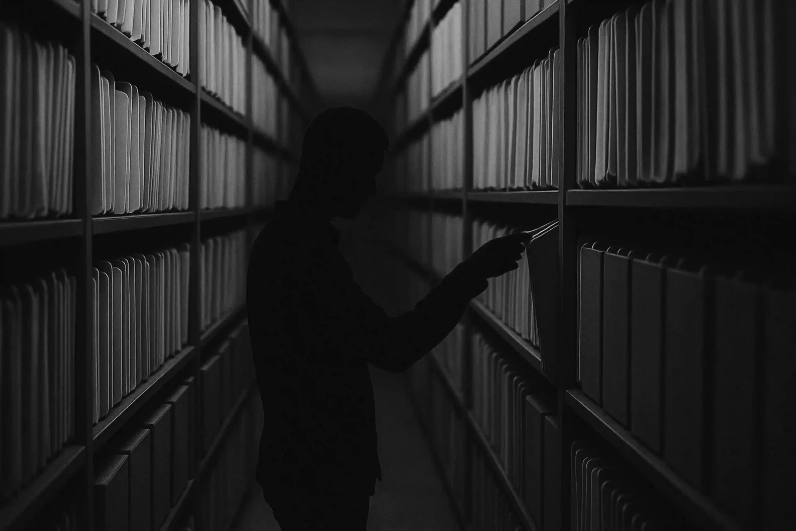 A figure in silhouette stands between two tall shelves in a dark archive, pulling a single file from a long row of documents.