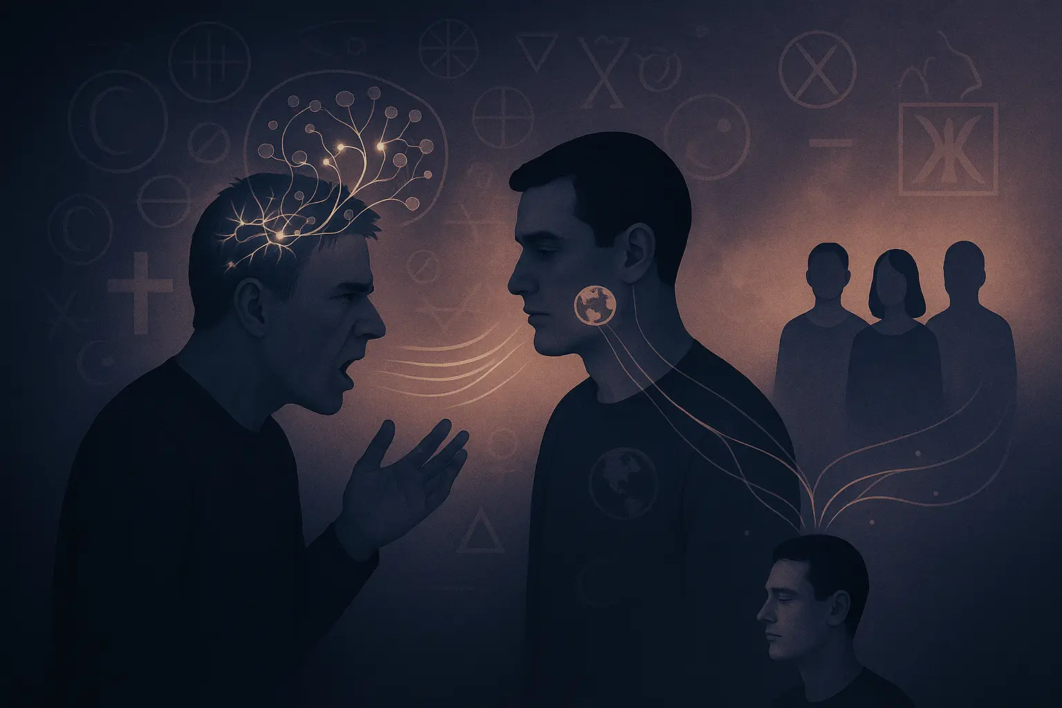 Conceptual illustration of the transmission of beliefs - a dominant individual communicates to a more passive listener