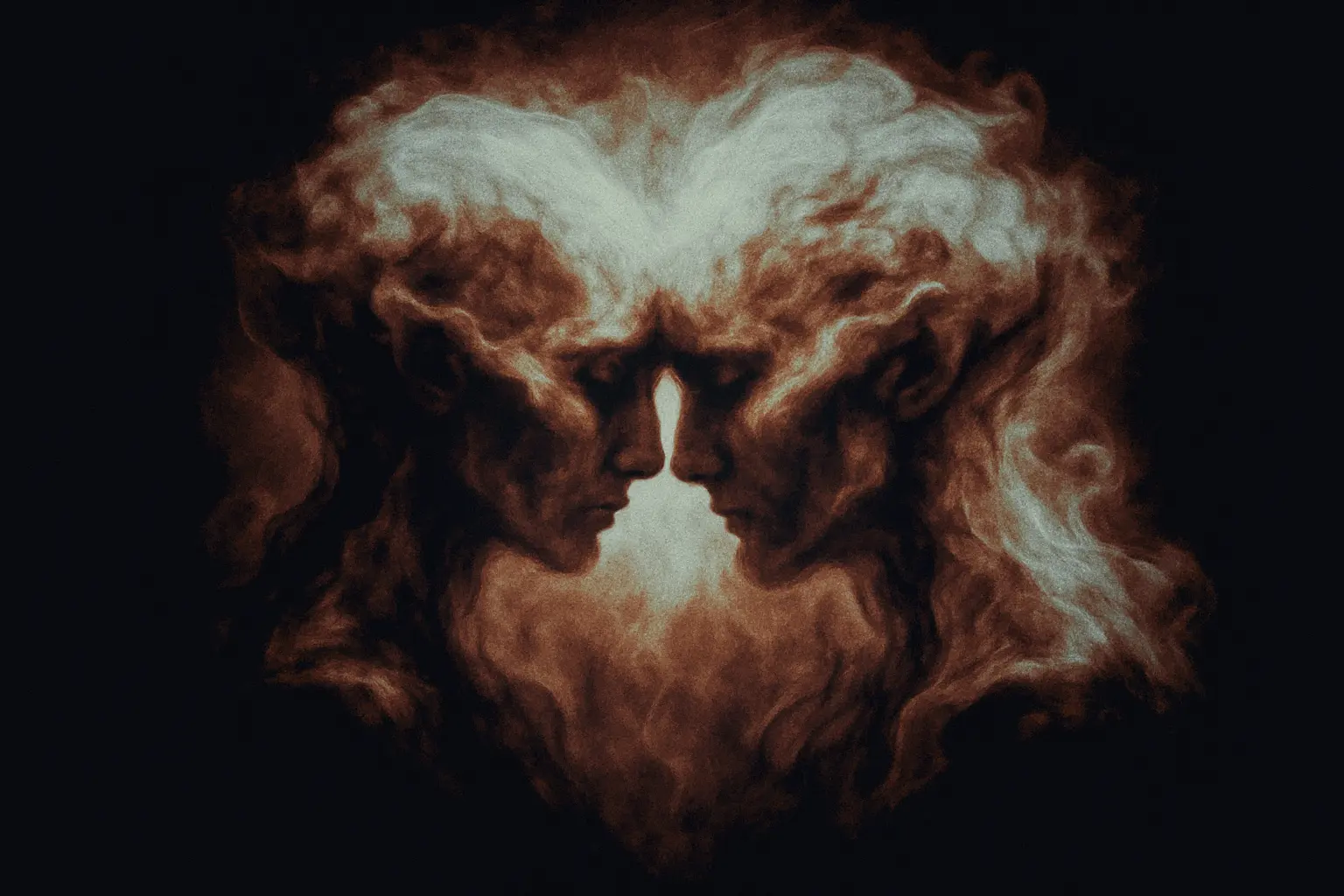 An abstract image of two human profiles facing each other. The profiles are formed from smoke-like wisps against a dark background