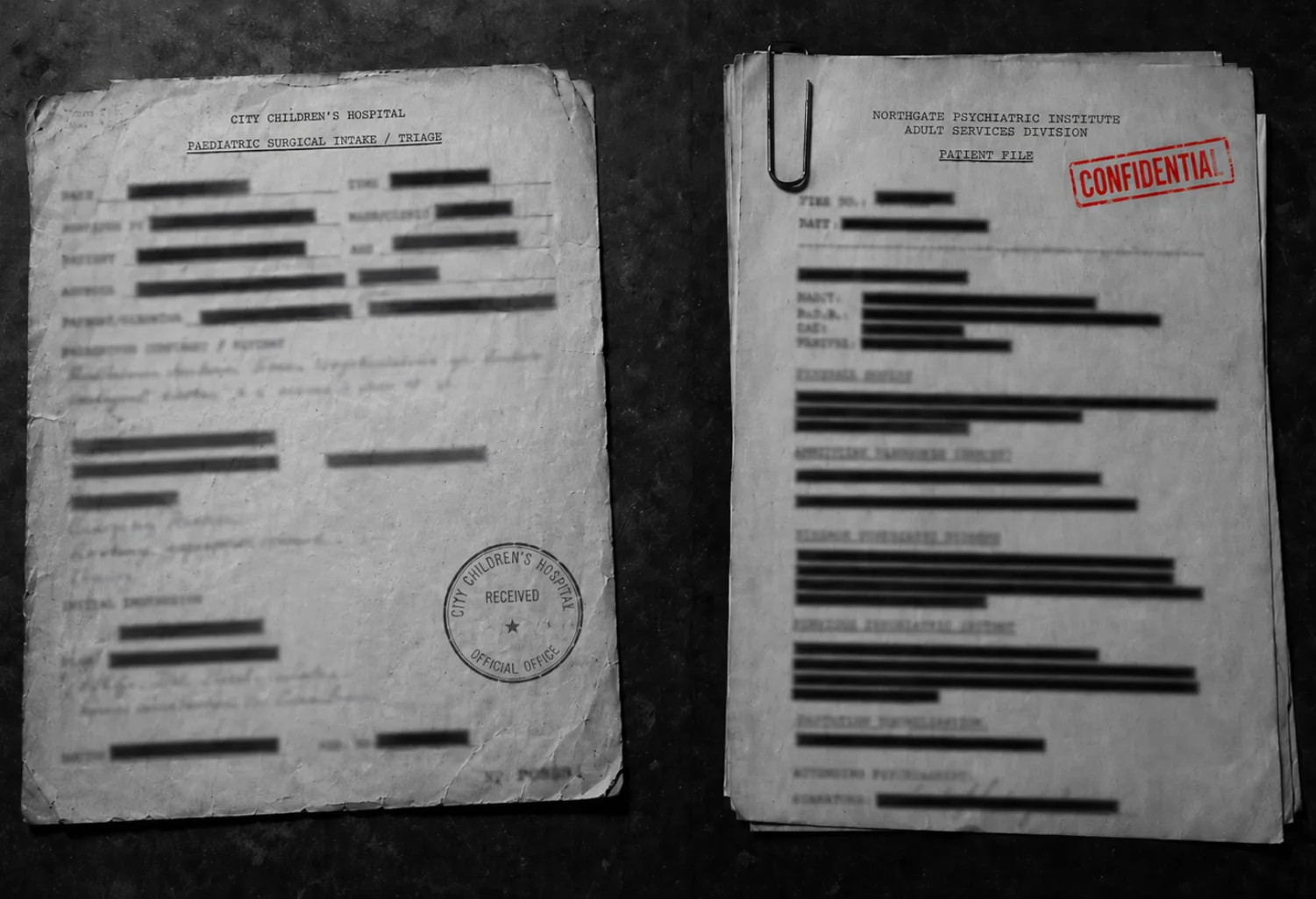 A conceptual image showing a generic surgical triage note and a typewritten psychiatric file separated by a physical divide, representing the data siloing between Philip K. Dick's medical providers.