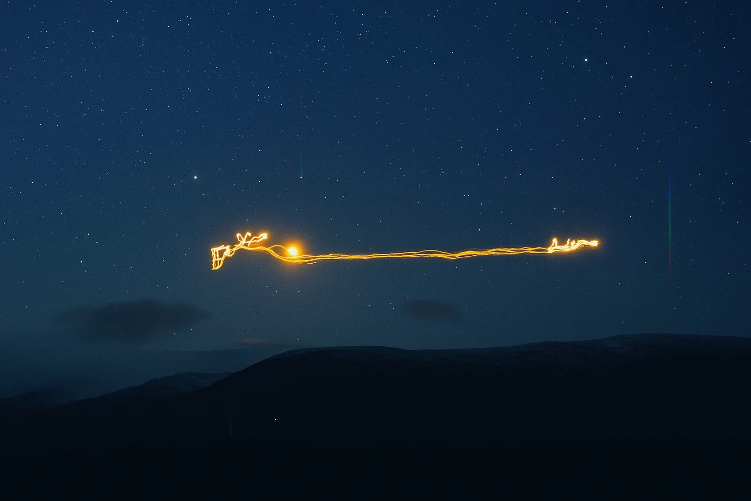 A long-exposure photograph of the Hessdalen Lights shows a glowing golden-orange trail stretching horizontally across a clear, star-filled night sky above dark mountain ridges.