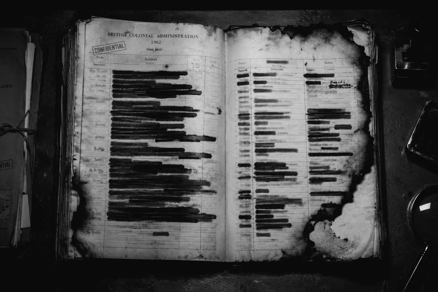 A top-down view of a 1962 British Colonial Administration ledger with heavily redacted text and burnt edges, representing the purged files of Operation Legacy.