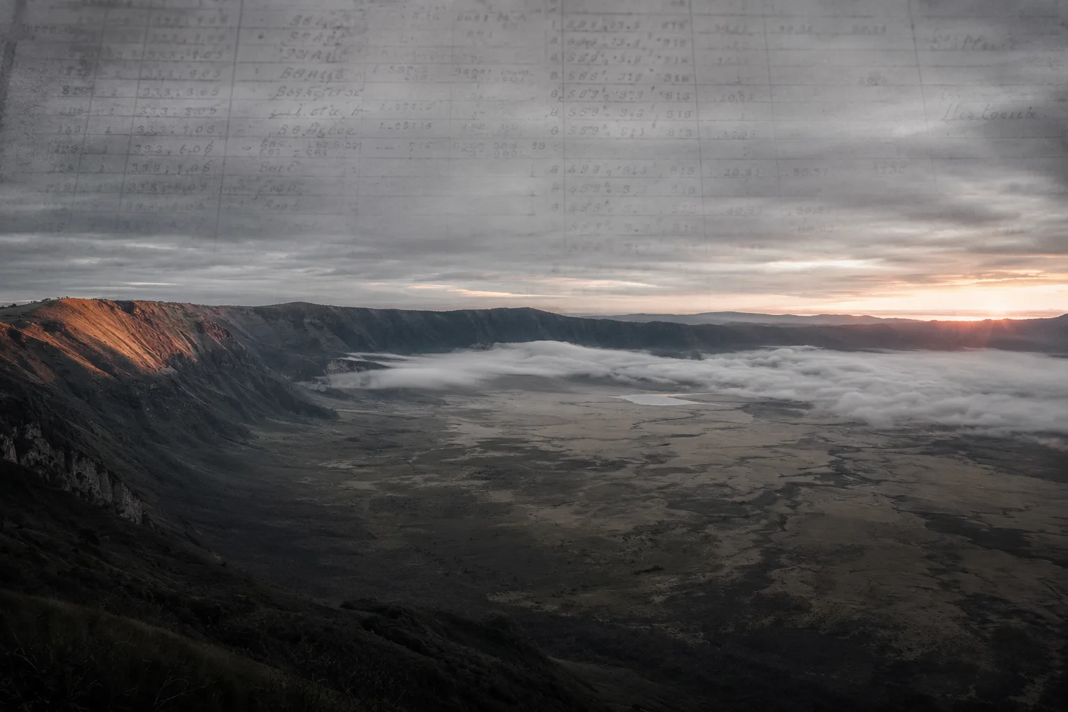 An illustration of the Ngorongoro Crater rim at dawn, with a faint overlay of typewritten numbers across the sky.