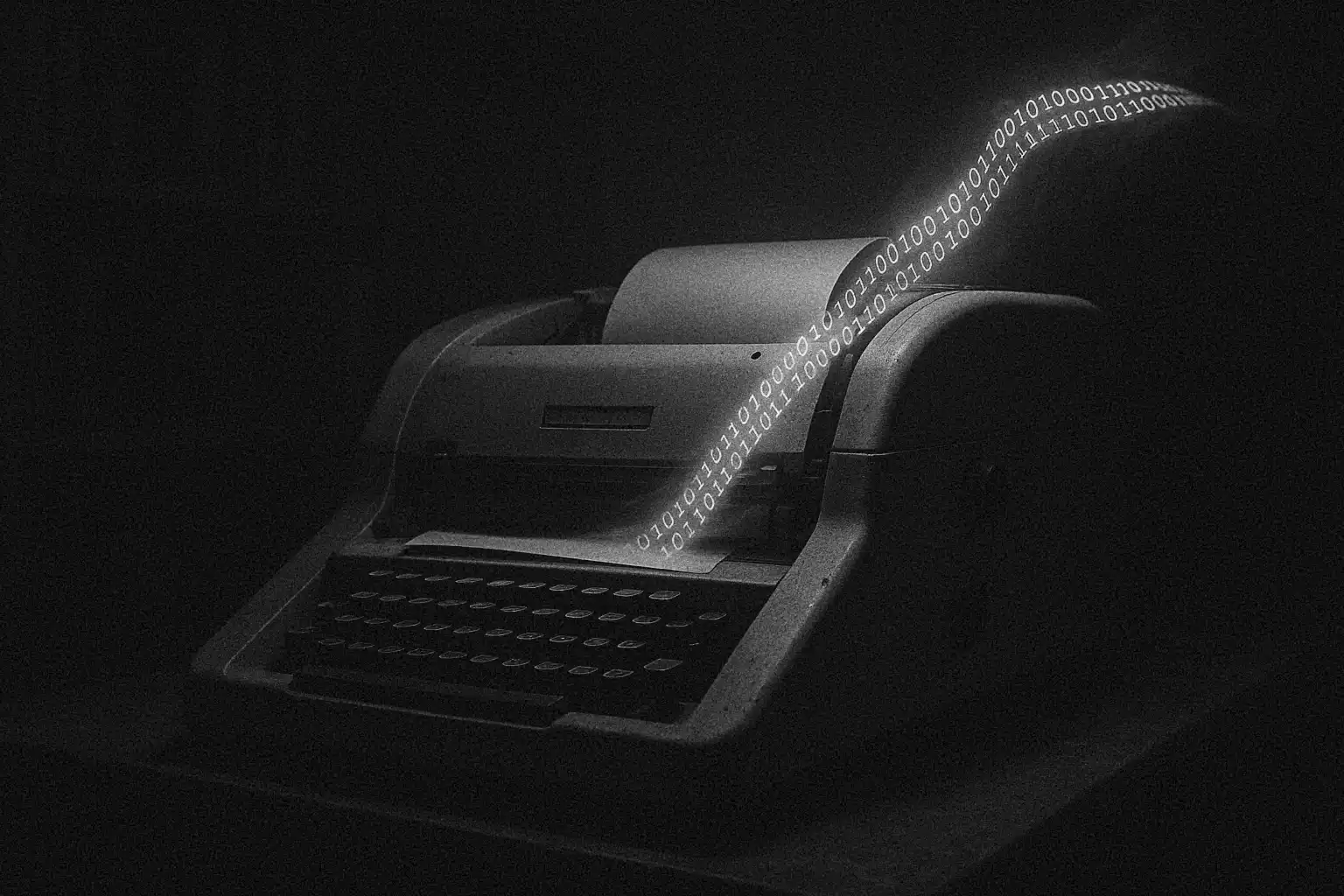 A moody image of a vintage 1970s teletype machine with a ghostly ribbon of light composed of binary code