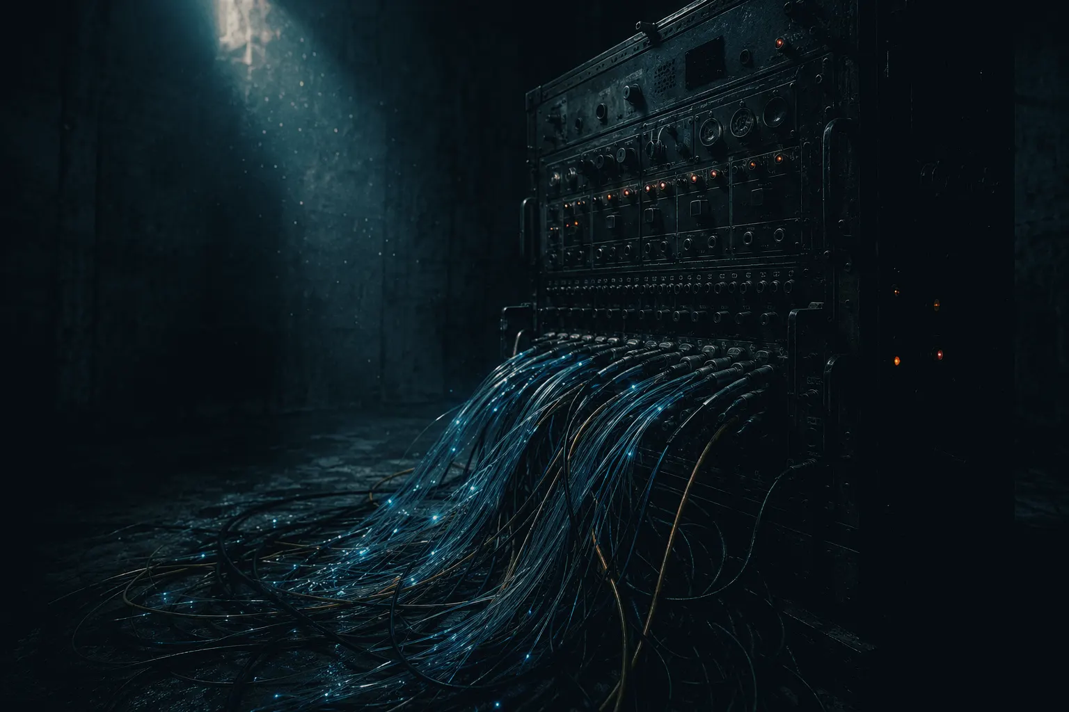Modern fibre-optic cables connected to a vintage military communications switchboard in a dark concrete room.