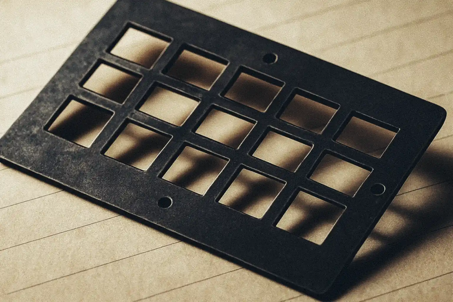 A pierced stencil on parchment, suggesting a Cardan grille over a manuscript page.