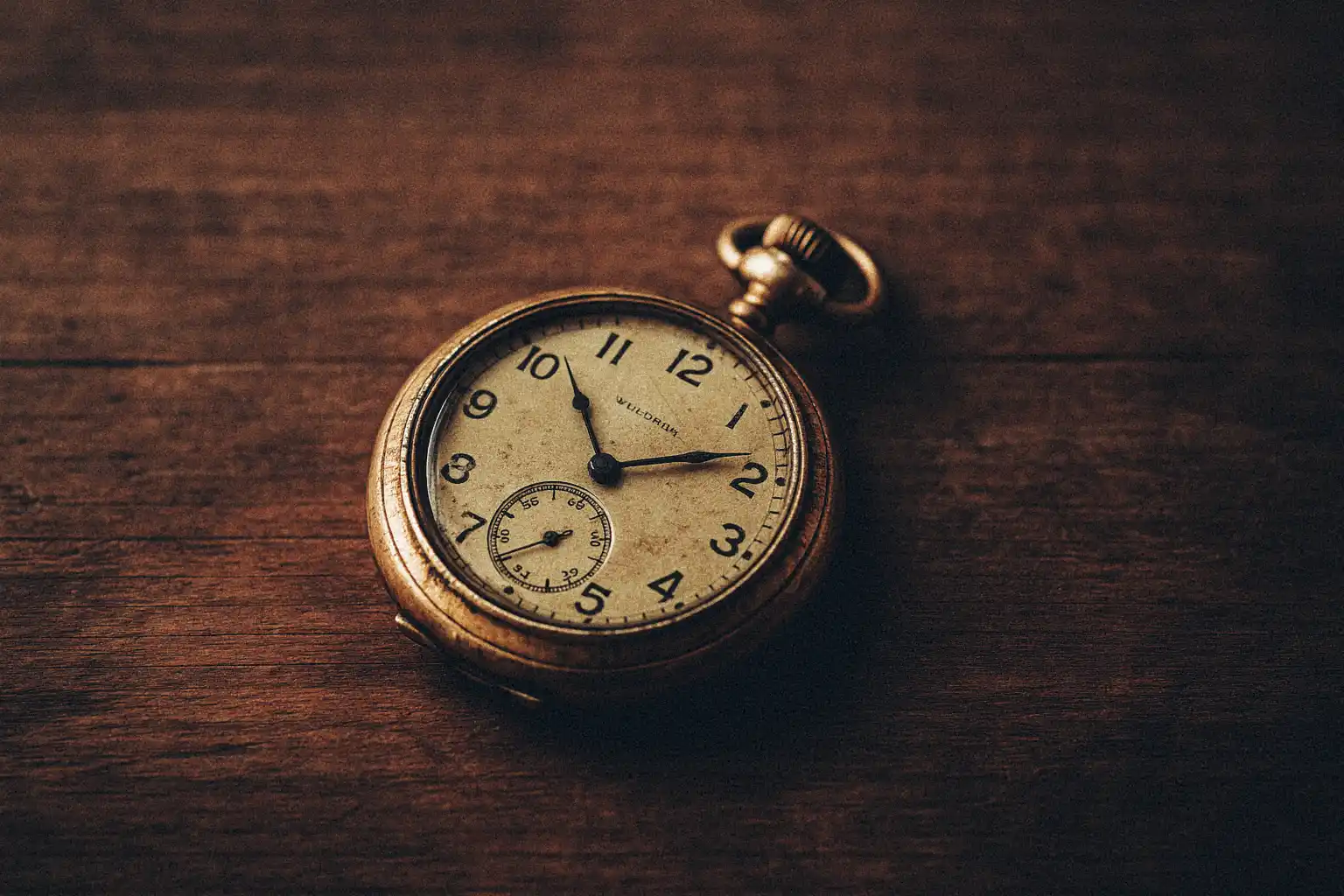 An old gold Waltham watch on a weathered wooden table
