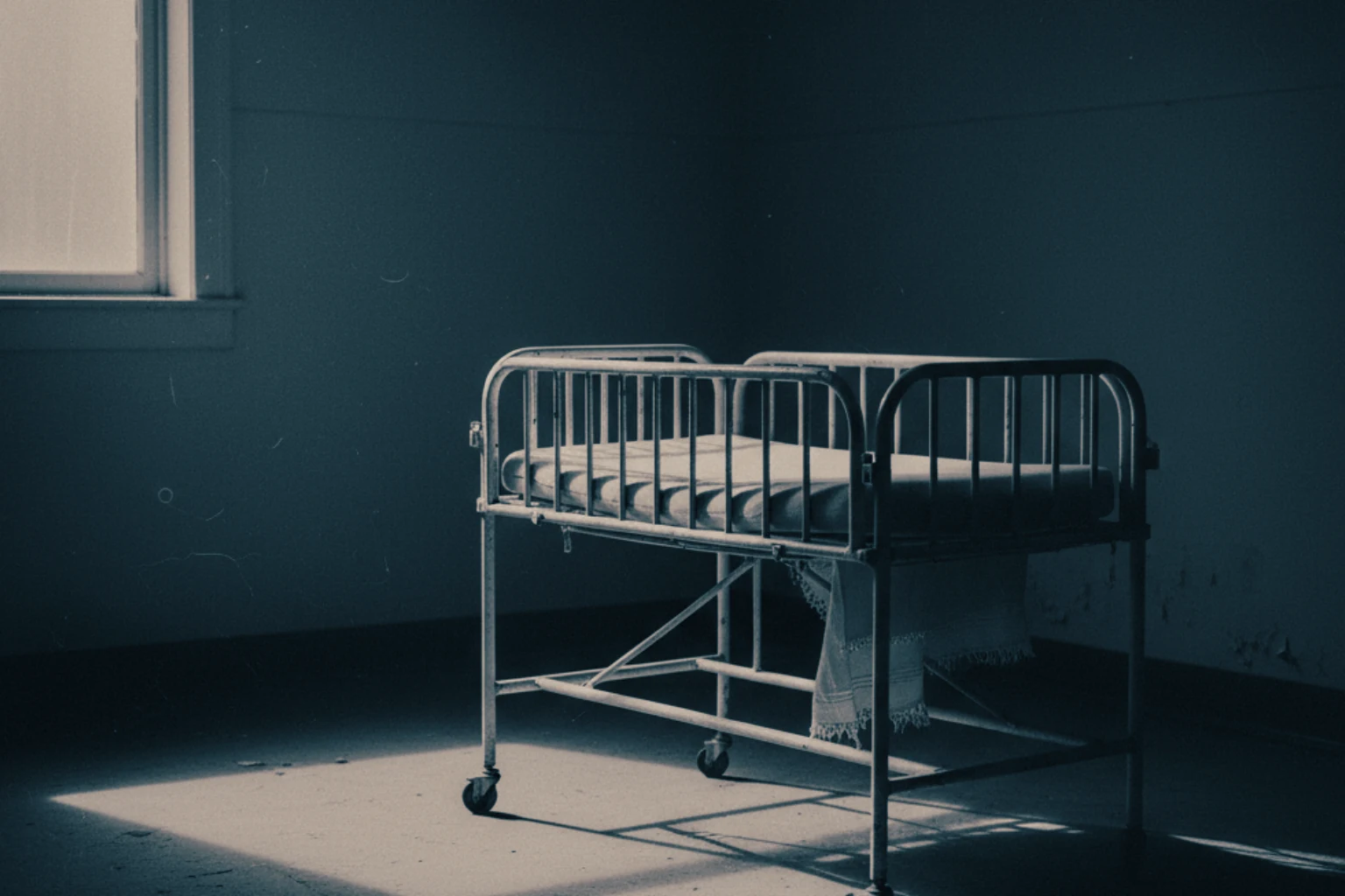 A desaturated photo of an empty 1950s-era hospital bassinet