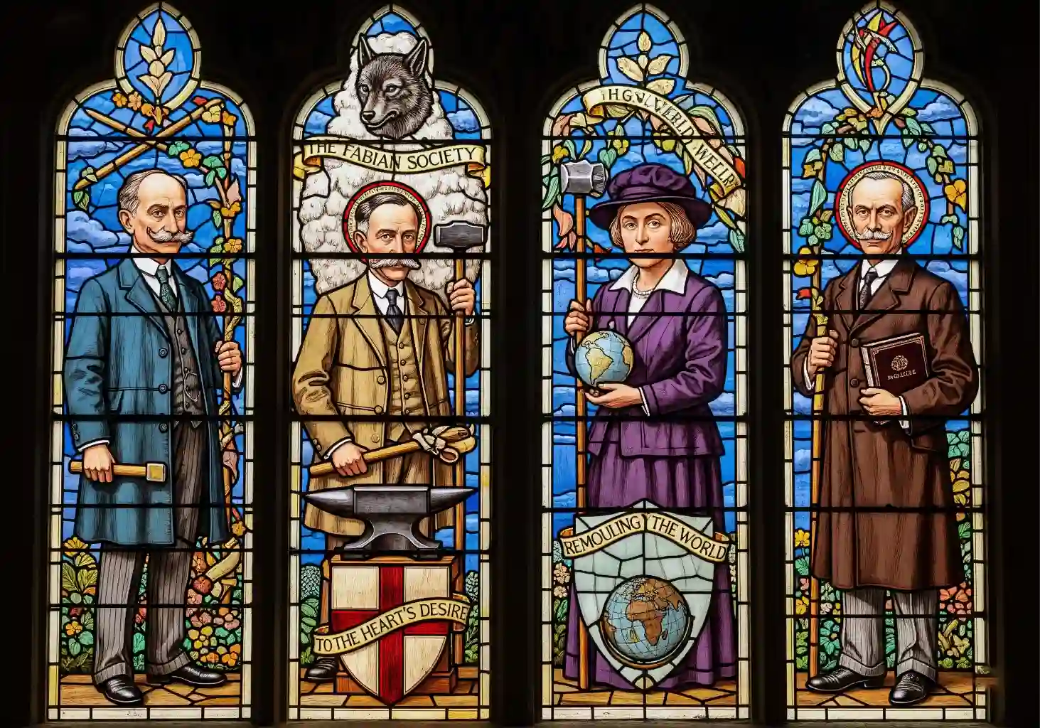 A vibrant stained-glass window depicting prominent figures of the Fabian Society.