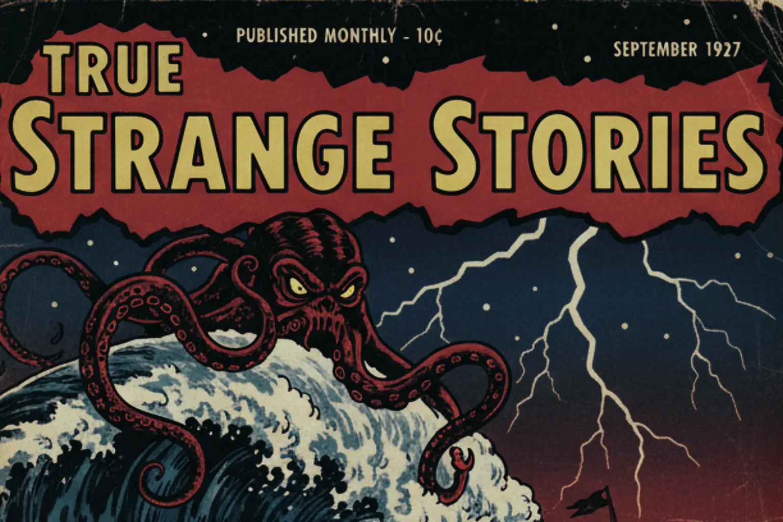 A stylised composition featuring the cover of a 1920s pulp magazine