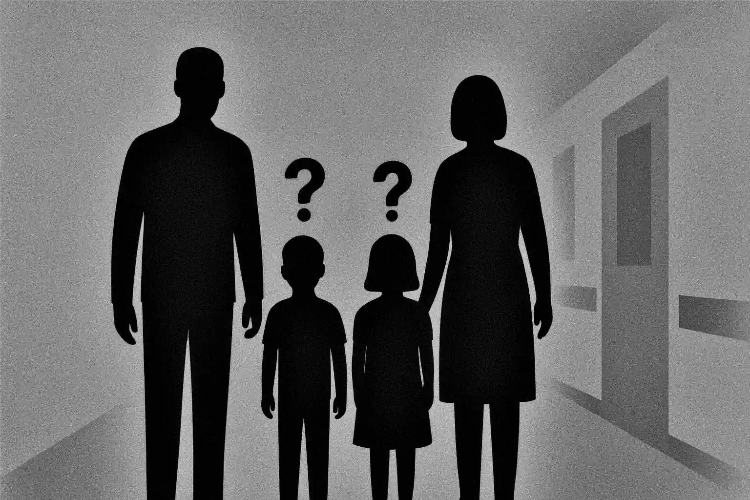 Silhouette of parents and two children with question marks above the children, symbolising unknown long-term outcomes for saviour siblings.