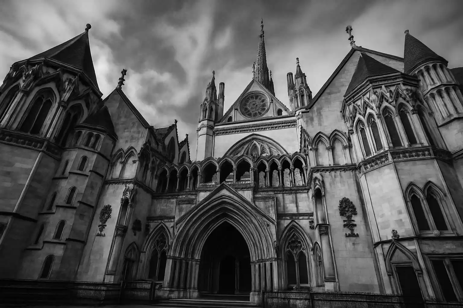 Black and white, low-angle view of the Royal Courts of Justice with subtly warped straight lines, suggesting a principle that bent.