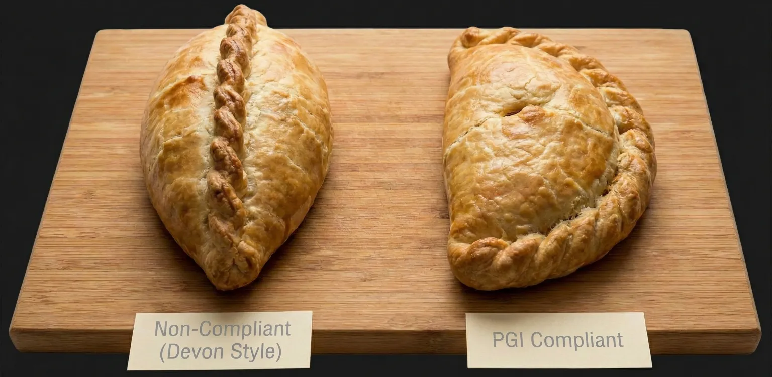 Image of a ‘Top Crimped’ pasty (Devon Style)’ next to a ‘Side Crimped’ pasty