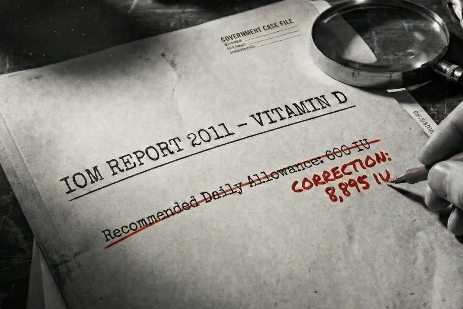 Close-up of a vintage government file folder labeled 'IOM REPORT 2011' symbolizing the statistical Vitamin D error