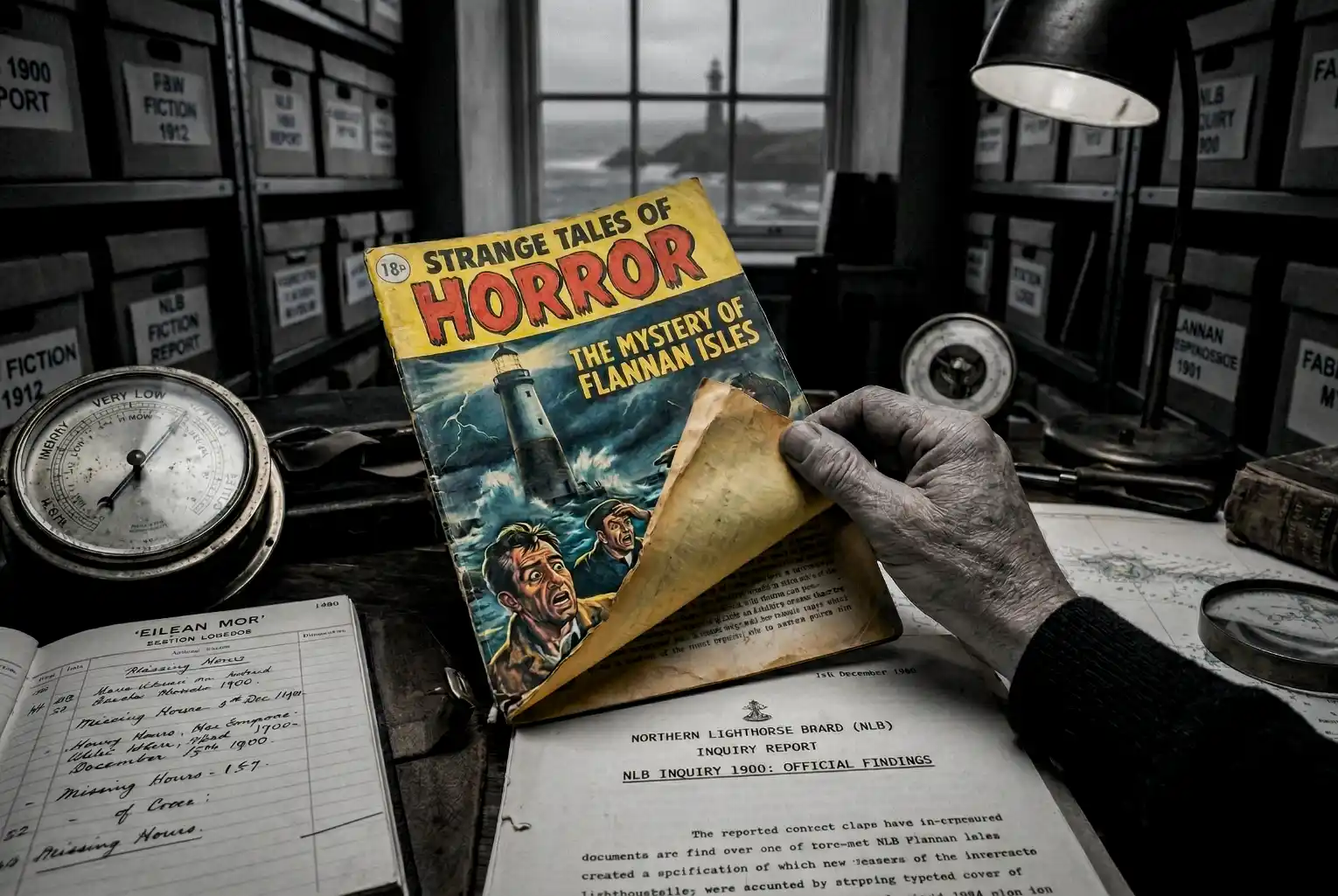A thought-provoking visual that captures a forensic photograph of a researcher’s hand peeling a 1920s pulp magazine cover off an original 1900 Northern Lighthouse Board Inquiry Report in a dark archive.