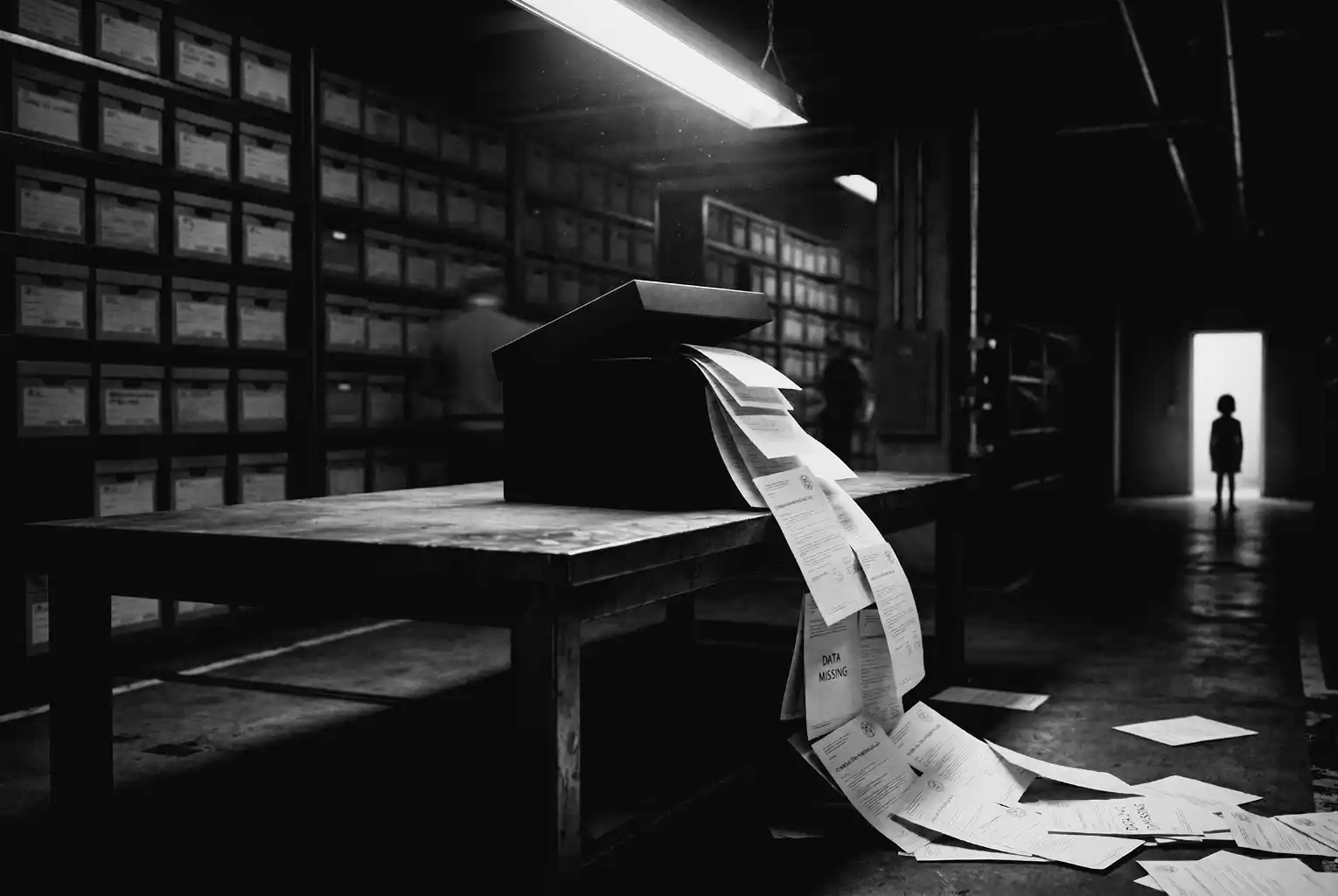 A conceptual visualisation of a matte-black box resting on a cold steel table in a dimly lit government archive. Classified documents spill chaotically across the floor, while a blurred child’s silhouette lingers in the distant shadows.