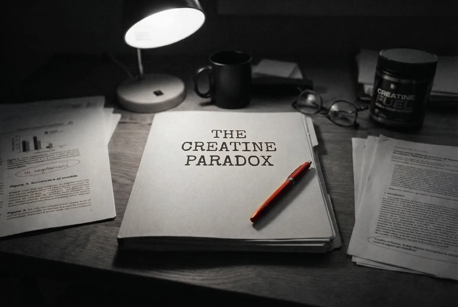 Visual concept for a dossier titled 'The Creatine Paradox' on a dimly lit desk, surrounded by research papers and a tub of creatine.