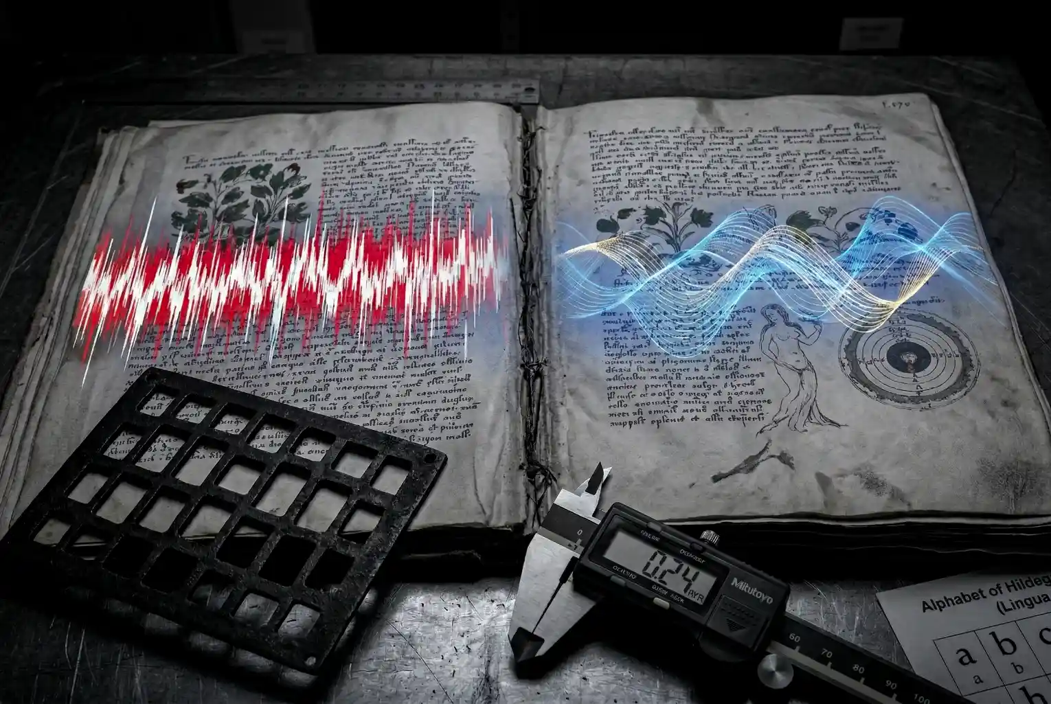 A conceptual illustration depicting the Voynich Manuscript on an archive desk, visually split by statistical heatmaps and linguistic patterns. A metal Cardan grille and precision tools are in the foreground.